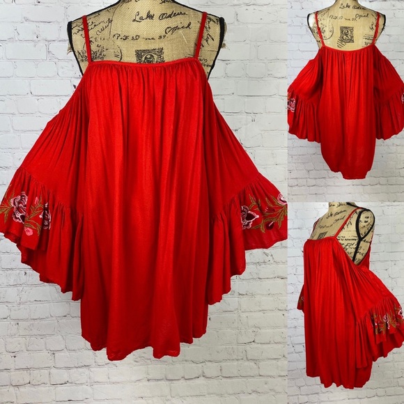 Feathers Red Cold Shoulder Embroidered Ruffled Bell Sleeve Dress - Picture 1 of 1